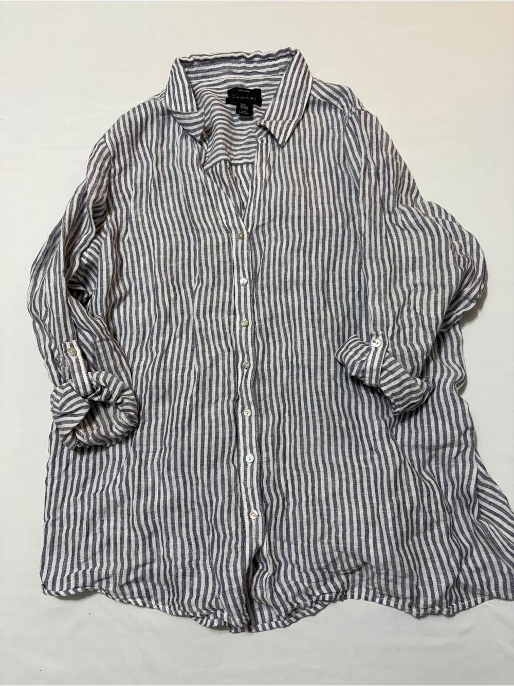 Tahari Womens 2X Linen Striped Button Front Shirt Roll Tab Long Sleeve Coastal